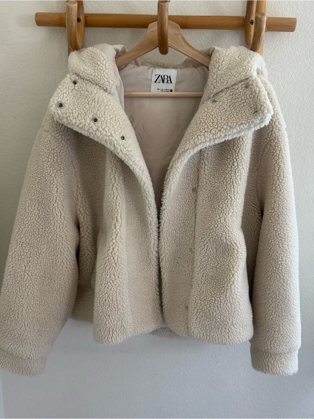 Zara cream teddy Sherpa oversized jacket pockets with hood size S